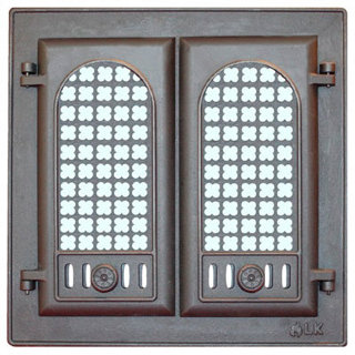 LK 302 дверца каминная двустворчатая с решеткой со стеклом (410х410)