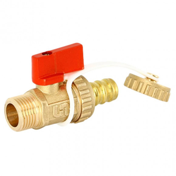 Кран Uni-Fitt шаровой НН 1/2"x3/4" сливной со штуцером, заглушка, флажок красный металл, латунный
